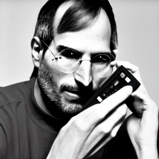 Prompt: portrait of steve jobs listening to rem on his ipod palo alto 1 9 8 8, in thomas ruff style, 3 5 mm ektachrome