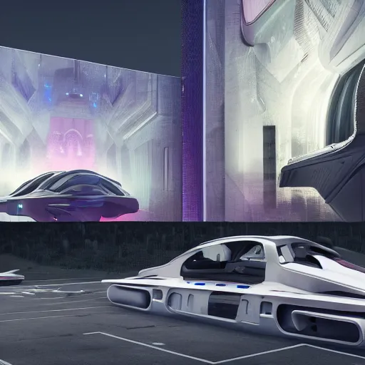 Image similar to sci-fi cars in center and wall near structure on the coronation of napoleon painting and digital billboard in the middle and everything in style of zaha hadid and suprematism forms unreal engine 5 keyshot octane artstation trending ultra high detail ultra photo realistic 8k 16k in plastic dark tilt shift