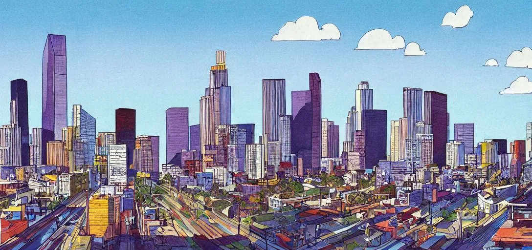 Image similar to visual development for los angeles cityscape skyline by lou romano and dice tsutsumi