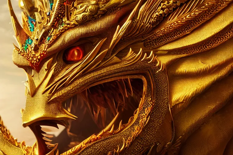 Prompt: cinematic closeup portrait of a golden dragon intricately decorated with colorful jewels, bokeh, sand dunes, detailed textures, dramatic lighting, unreal engine, cgsociety, artstation, 4k