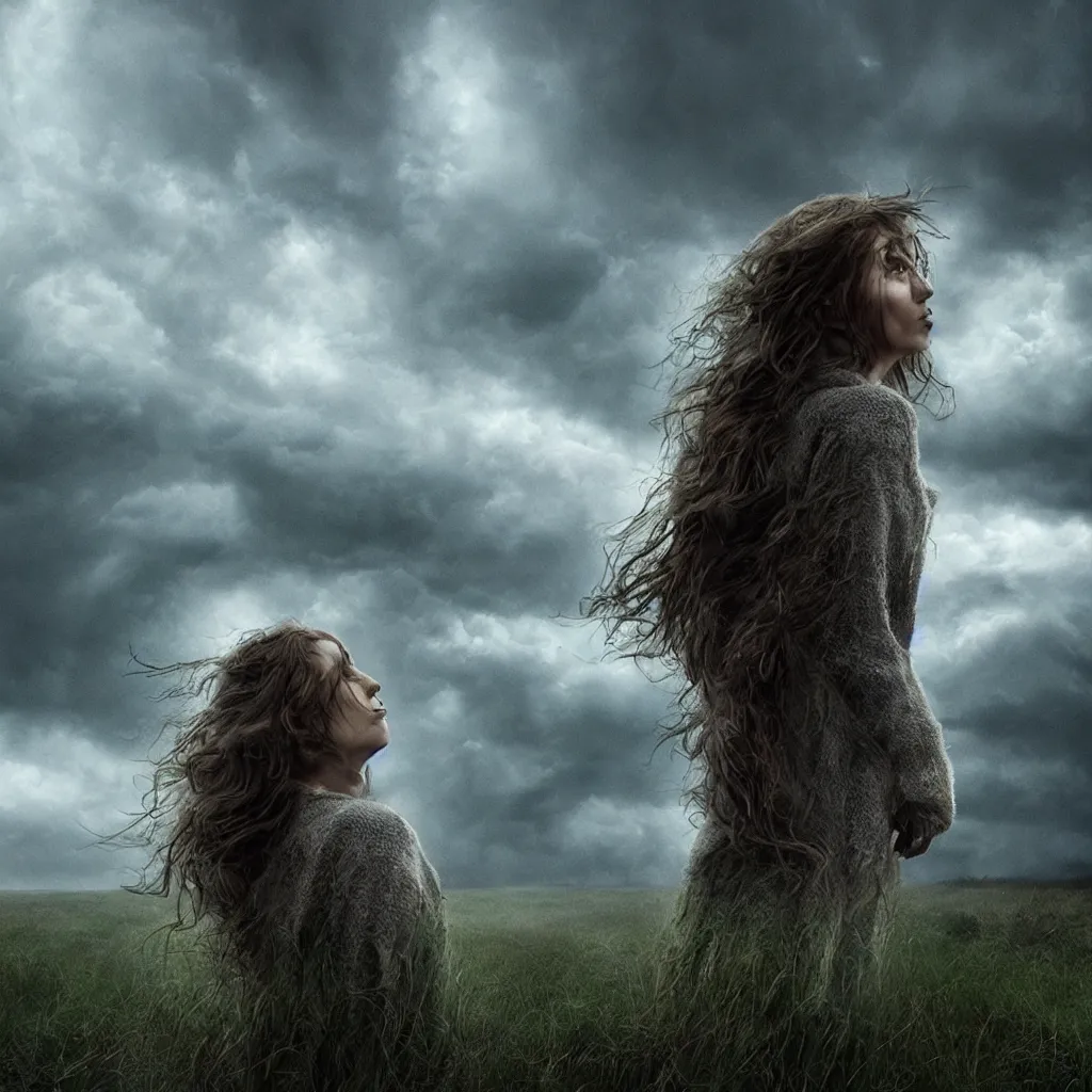 Image similar to head and shoulders cinematic portrait of a forest witch against a stormy sky,, artgerm, gregory crewdson, hyperreal