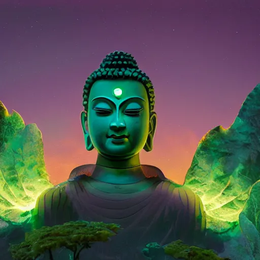 Image similar to ice statue buddha, bioluminescence, vegetation, colorful, rim light, highly detailed, tilt shift, digital painting, concept art, smooth, sharp focus, pleasing aesthetics, josan gonzalez, michael dante dimartino, simon stalenhag, octane render, disney pixar, 4 k