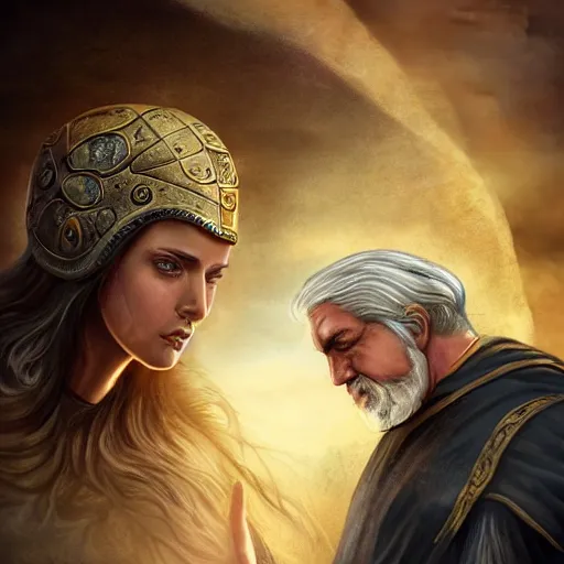 Image similar to young ancient greek woman in golden helmet, giant grey-haired bearded male face in the sky, epic fantasy style art, fantasy epic digital art