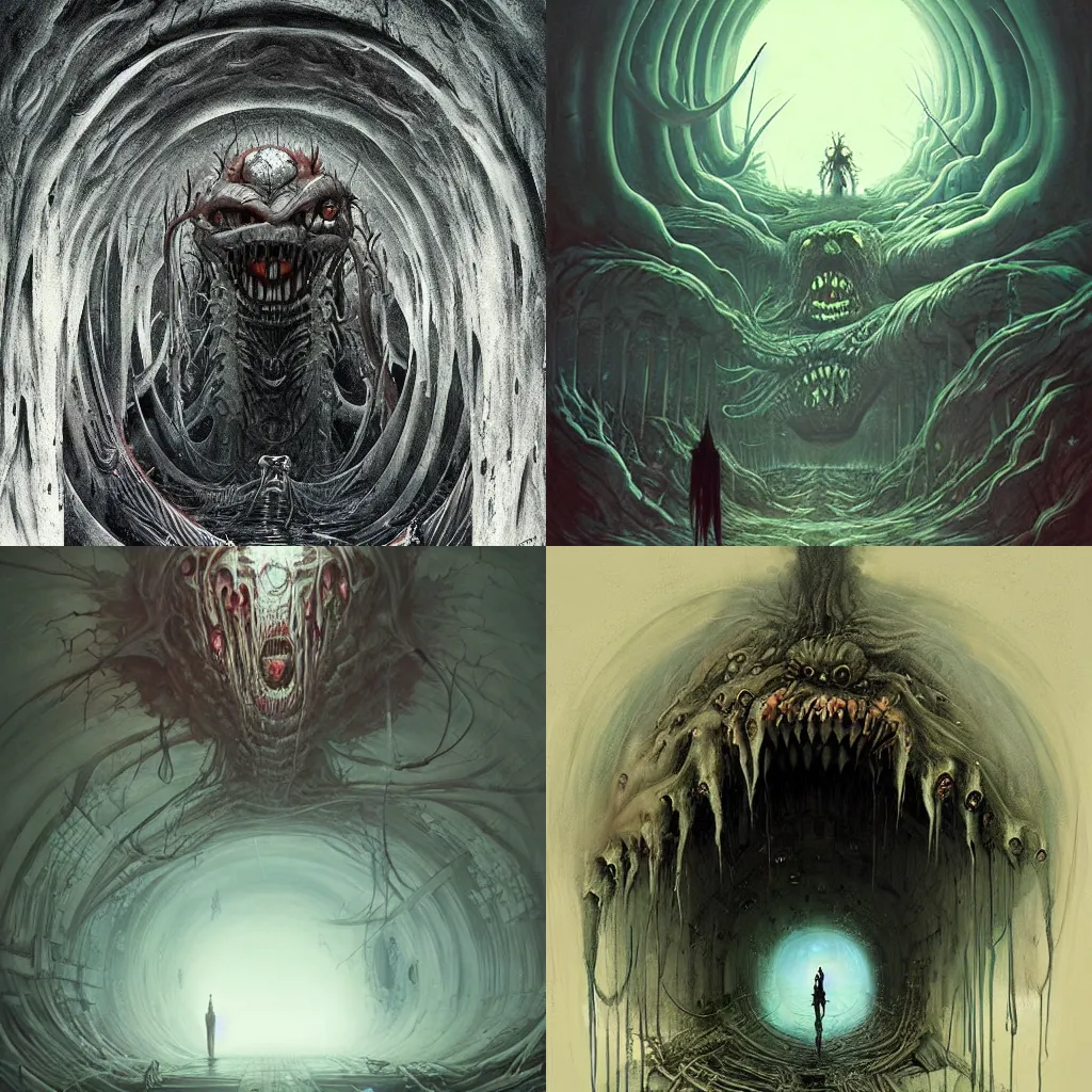 Prompt: tunnel in a monster mouth, creepy, spooky, epic scene, surrealism, art by peter mohrbacher, tsutomu nihei, h. r. giger and zdzisław beksinski