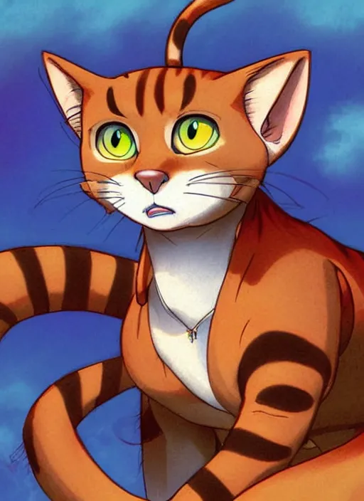 Image similar to official digital painting artwork of a cat character by don bluth, ross tran and studio ghibli.