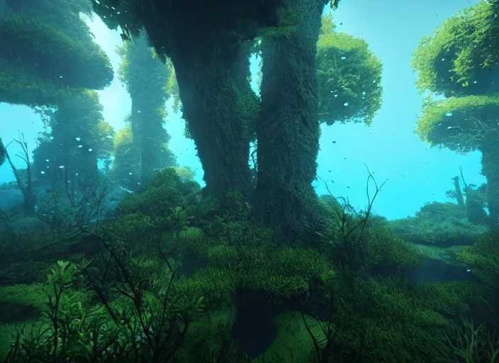 Image similar to a forest that grows upside down entirely underwater. Intricate. Very detailed 8k. Fantasy horror. Sharp. Cinematic post-processing. Unreal engine. Nanite. Ray tracing. Parallax. Tessellation