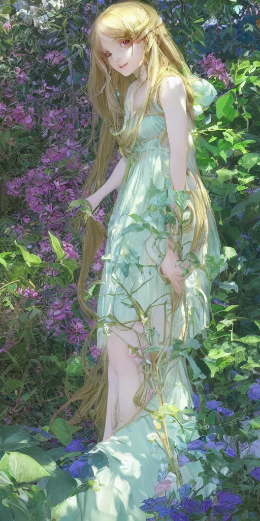Prompt: a digital art of a loli with long hair in a dress in the privet garden at after noon, green and warm theme and blue accents, back lighting, by krenz cushart and mucha, highly detailed, 4 k resolution, trending on art station