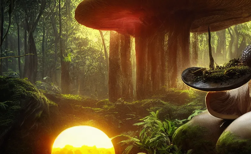 Image similar to a beautiful render of a mushroom growing out of a human a skull in a rainforest, sunset lighting, intricate detail, hazy, humid, volumetric lighting, god rays, 8 k, photorealistic, raytracing effects, unreal engine 5