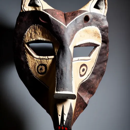 Prompt: paleolithic shamanic mask of wolf, studio photo