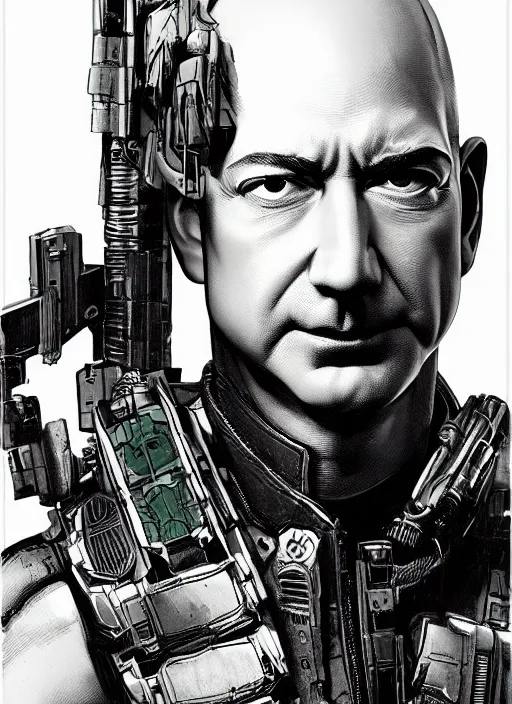 Image similar to jeff bezos as a menacing cyberpunk mercenary with robotic blade arms wearing a military vest and jumpsuit. dystopian. portrait by stonehouse and mœbius and will eisner and gil elvgren and pixar. realistic proportions. cyberpunk 2 0 7 7, apex, blade runner 2 0 4 9 concept art. cel shading. attractive face. thick lines.