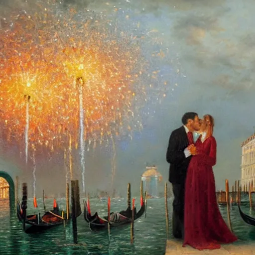 Image similar to an oil painting of couple kissing, in a background fireworks in venice