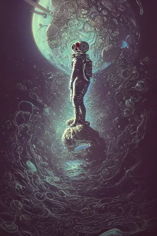 Image similar to close up shot of a full body floating astronaut portrait water elemental, high contrast, james gurney, peter mohrbacher, mike mignola, black paper, mandelbulb fractal, trending on artstation, exquisite detail perfect, large brush strokes, intricate ink illustration, black background