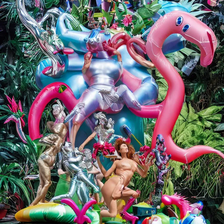 Image similar to an extreme close - up of a statue chrome cyborg lycra nymph battling a giant inflatable flamingo pool float, christmas cactus arnold schwarzenegger and monstera plants, fireworks thick smoke epic clouds, by jeff koons, hajime soryama, boris vallejo, artgerm, greg rutkowski, alphonse mucha