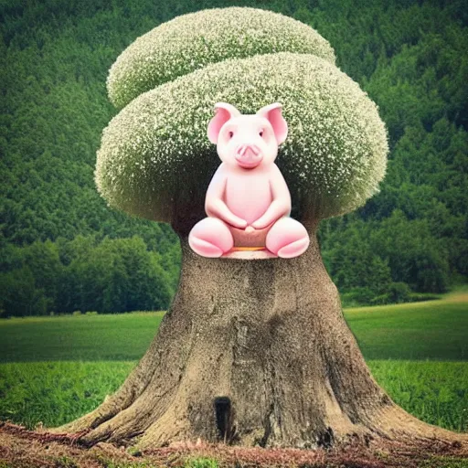 Image similar to a cute pig meditating like buddha on top of a giant mushroom, large willow tree in the background. ”