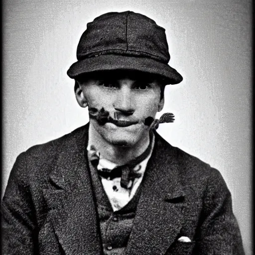 Image similar to A photograph portrait of Jerma985 wearing a newsboy cap in the early 1900s, taken in the early 1900s, grainy, taken on a early 1900s Kodak Camera, realistic, hyperrealistic, very realistic, highly detailed, very detailed, extremely detailed, detailed, digital art, trending on artstation