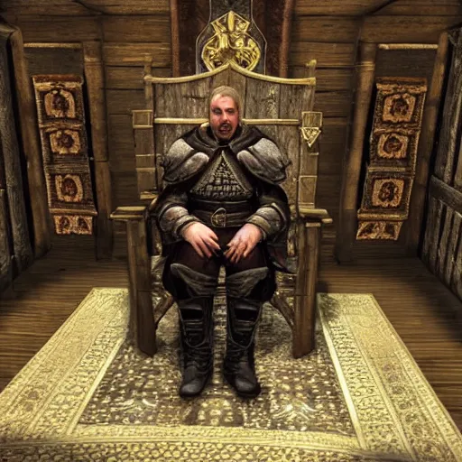 Image similar to Alexander Lukashenko as a Jarl in The Elder Scrolls V: Skyrim sitting on his throne in a relaxed rude pose