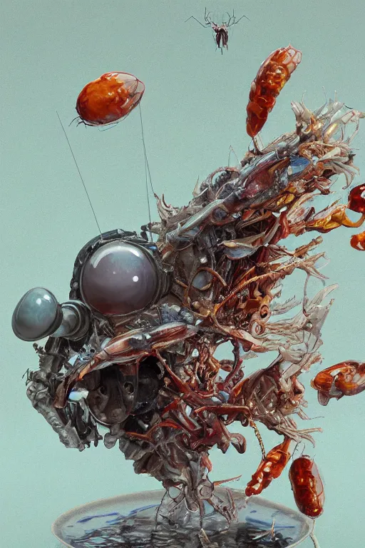 Prompt: surreal gouache painting, by yoshitaka amano, by ruan jia, by Conrad roset, by good smile company, detailed anime 3d render of big transparent amber stone , A cockroach and cockroach amber eggs, portrait, cgsociety, artstation, rococo mechanical and Digital and electronic, dieselpunk atmosphere