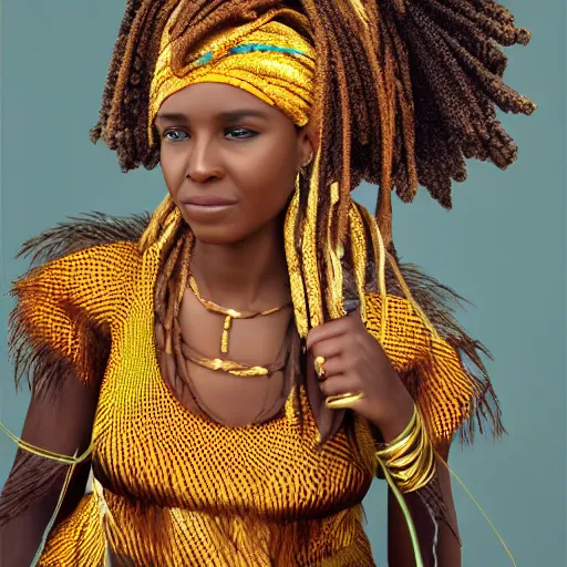 Prompt: african woman shaman, braids, golden clothes, realistic, hd,