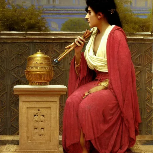 Image similar to orientalist portrait of a moorish female sage wearing a golden robe smoking a pipe in a sandstone temple intricate portrait by john william waterhouse and Edwin Longsden Long and Theodore Ralli and William-Adolphe Bouguereau, very coherent symmetrical artwork. Cinematic, hyper realism, high detail 8k