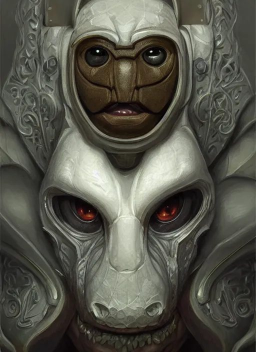 Image similar to pand bear mf doom reptile eyes, white furry skin. intricate, elegant, highly detailed, centered, digital painting, artstation, concept art, smooth, sharp focus, illustration, artgerm, tomasz alen kopera, peter mohrbacher, donato giancola, joseph christian leyendecker, wlop, frank frazetta