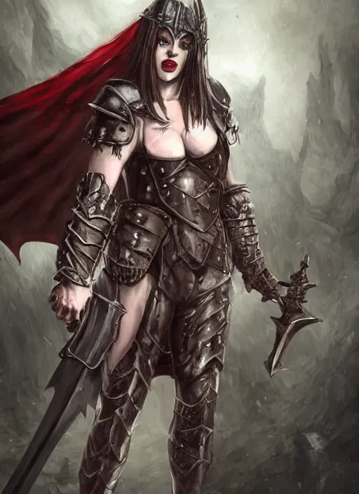 Prompt: dnd art, female vampire warrior, no shoes, barefoot, exposed toes, nail polish, black full plate armor, historical armor, realistic armor, muscular, covered chest, full body portrait, carnival mask, giant two - handed sword dripping blood, flying, grinning, realistic.