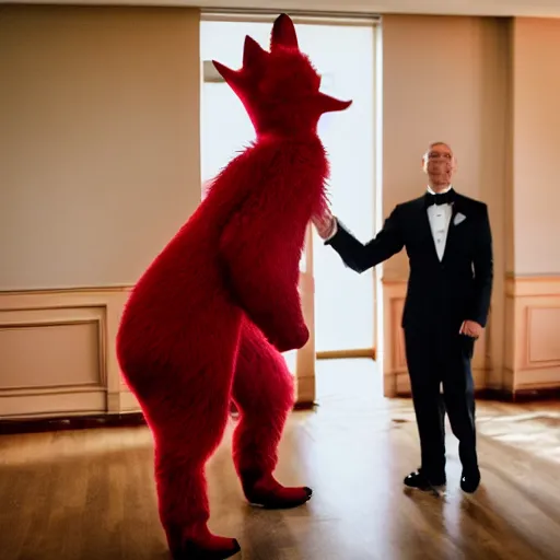 Image similar to realistic ballroom photo of an anthropomorphic fox in a dark red tuxedo