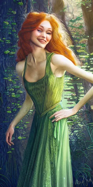 Prompt: fit woman, serene smile surrounded by golden firefly lights, amidst nature fully covered by a intricate detailed dress, long red hair, precise linework, accurate green eyes, small nose with freckles, smooth oval shape face, empathic, expressive emotions, spiritual scene, hyper realistic ultrafine art by artemisia gentileschi, jessica rossier, boris vallejo