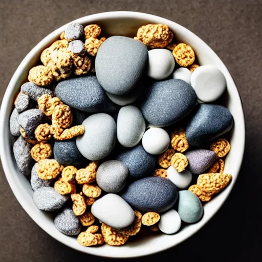 Image similar to giant bowl of cereal and milk, with stones and rocks in the milk.