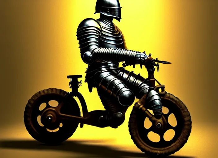 Prompt: knight in armor in a motorcycle dirt helmetin a wheelchair do tricks & watch old tv, rome, highly detailed, soft lighting, elegant, by edward hopper and james gillard, zdislaw beksinski, stephen outram, andreas m wiese, highly detailed, masterpiece. fashion studio lighting. edward _ hopp, unreal 6, 8 k