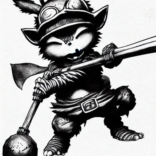 Image similar to Teemo (league of legends, 2009), artwork by kentaro miura, Kentaro Miura style, Berserk Style, High details, cinematic composition, manga, black and white ink style, a lot of details with ink shadows