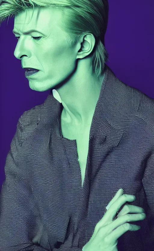 Prompt: a realistic photo of blond David Bowie in purple jacket and light green shirt, studio photography , dark grey background, softly backlit, gentle smoke effect, photo courtesy Museum of art