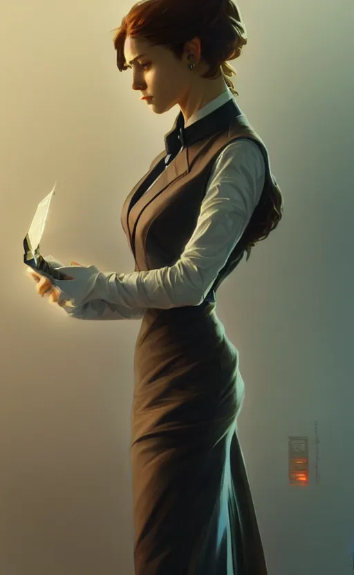 Image similar to Female in office dress, sci-fi, highly detailed, digital painting, artstation, concept art, smooth, sharp focus, illustration, art by artgerm and greg rutkowski and alphonse mucha