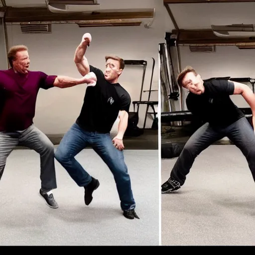 Prompt: high definition snapshot of arnold schwarzenegger kicking the crap out of elon musk & mark zuckerberg