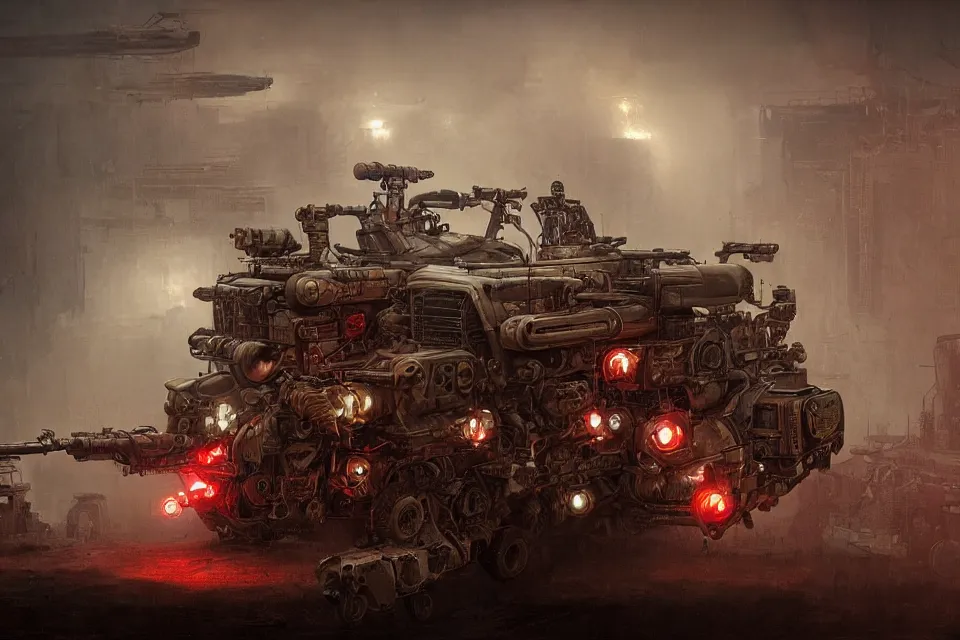 Prompt: steampunk style military vehicle with guns, red neon lights, by HR Giger and Beksiński and Stephan Martiniere , 4k resolution, detailed, trending on artstation