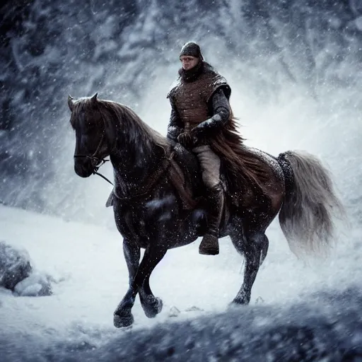 Image similar to A Nordian on horseback in the snowy mountains during a snowstorm, fantasy, medieval, highly detailed, Game of thrones style, Artstation