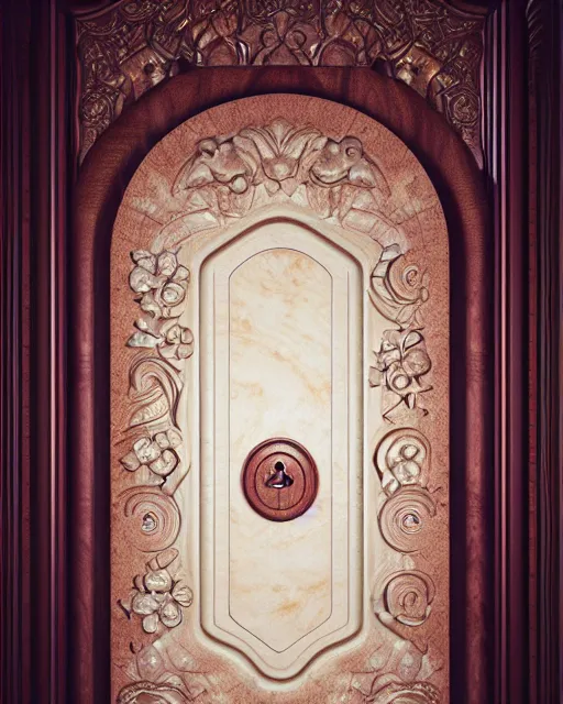 Image similar to celestial door with cosmic inscriptions glowing, mahogany burl wood door with intricate ivory carved flowers, gilding, artstation, sylvain sarrailh, 3 d