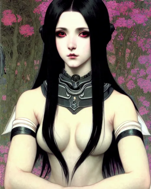 Image similar to portrait of beautiful goth e - girl cosplay with black hair in warhammer armor, white background, art by ( ( ( kuvshinov ilya ) ) ) and wayne barlowe and gustav klimt and artgerm and wlop and william - adolphe bouguereau