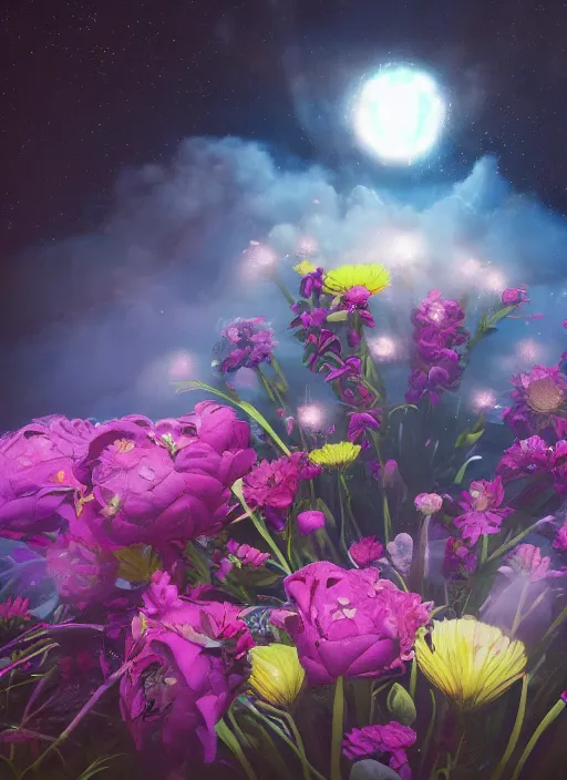 Image similar to An epic fantastic realism comic book style painting of the most beautiful flowers launched into space, bouquets, fisheye lens, unreal 5, DAZ, hyperrealistic, stars in the night sky, octane render, dynamic lighting