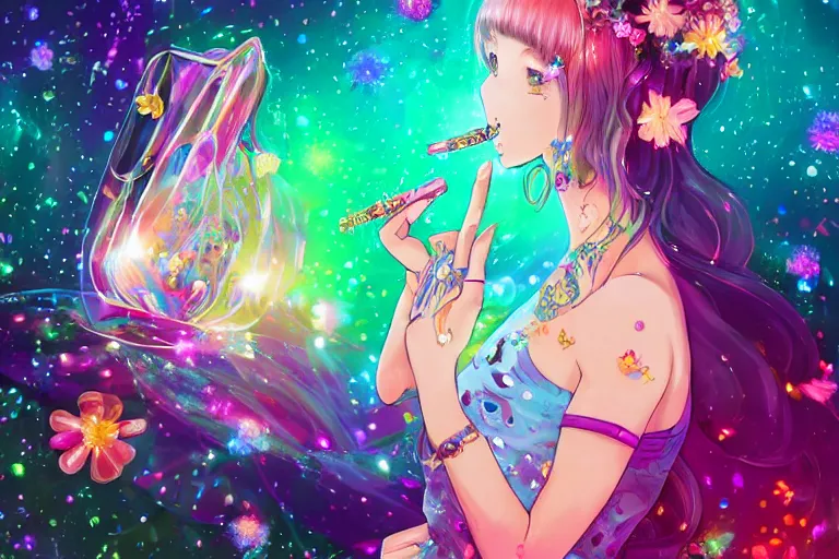 Image similar to psychedelic, whimsical, anime, 4k, beautiful lusty woman smoking a bong, with professional makeup, long trippy hair, a crystal and flower dress, sitting on a reflective pool, surrounded by gems, underneath the stars, rainbow fireflies, trending on patreon, deviantart, twitter, artstation, volumetric lighting, heavy contrast, art style of Ross Tran and Miho Hirano and Ilya Kuvshinov