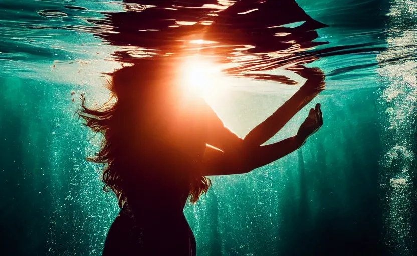 Prompt: photo portrait of woman underwater during sunrise, sunrays, flowing fabric!!, caustics, rippling water, photoshoot, flowing hair, haunting, iconic, fine-art, masterpiece, sharp focus