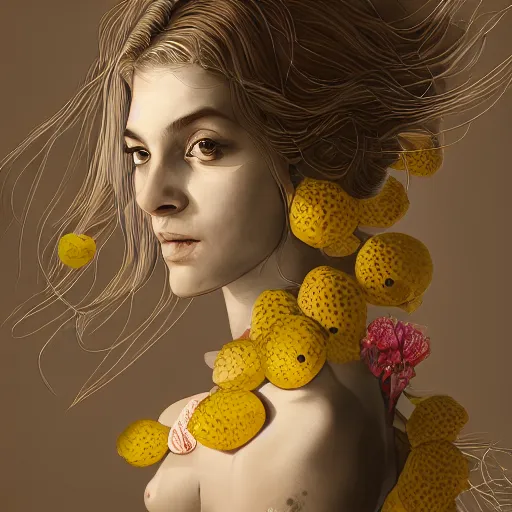 Image similar to the portrait of an absurdly beautiful, graceful, elegant, sophisticated, young teen girl made up of lemons looking up, an ultrafine hyperdetailed illustration by kim jung gi, irakli nadar, intricate linework, bright colors, octopath traveler, final fantasy, unreal engine 5 highly rendered, global illumination, radiant light, detailed and intricate environment
