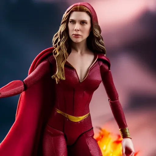 Image similar to high resolution photo of scarlet witch as an action figure, 4 k, award winning photography.