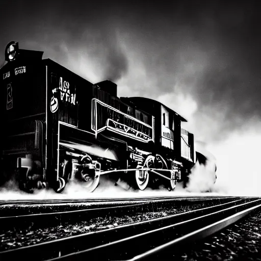 Image similar to a hyperdetailed black and white photograph of the union pacific big boy on the rails producing lots of black smoke in an old timey city, night, dense fog, rain, hd, 8 k, cinematic, volumetric lighting