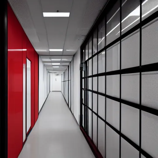 Prompt: a long featureless white office hallways with one red door at the end, liminal space,