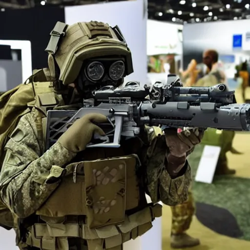 Image similar to a rare military frog equipped with rocket launcher and night vision target acquisition system, photo from defense innovation expo 2 0 2 2