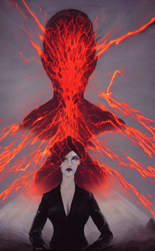 Prompt: Woman made of black flames, wearing a strict business suit, business casual, with no face, with glowing red eyes, with a red halo over her head, by Annie Swynnerton and Nicholas Roerich, madness combat, strong dramatic cinematic lighting , blood red sky, grey skin, smooth, sharp focus, extremely detailed