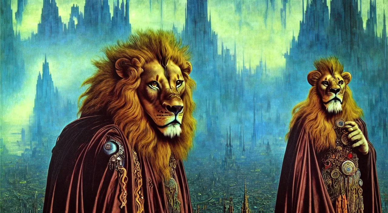 Image similar to realistic detailed portrait movie shot of a lionman wearing dark robes, sci fi city landscape background by denis villeneuve, amano, yves tanguy, alphonse mucha, ernst haeckel, max ernst, roger dean, masterpiece, rich moody colours, blue eyes, occult