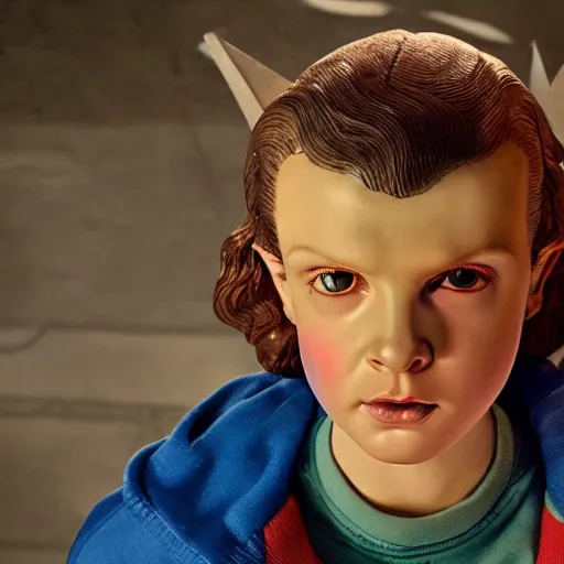 Prompt: Eleven from Stranger Things using her powers on the Statue of Liberty HD hyper detailed photorealistic