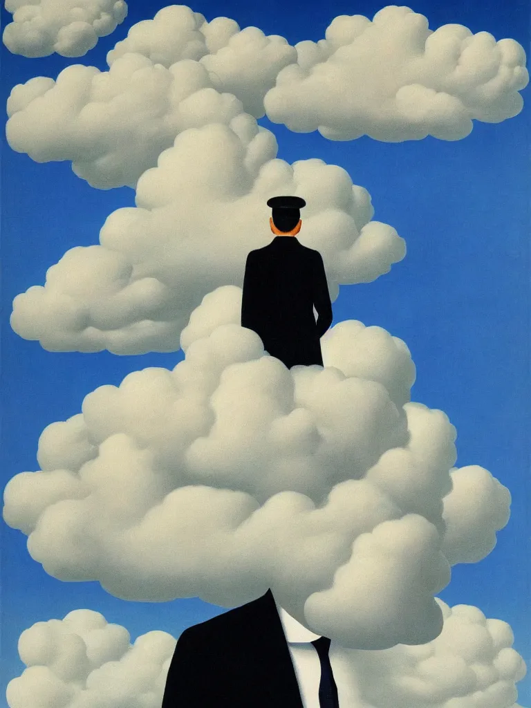 Image similar to portrait of cloud man by rene magritte, detailed painting, hd, hq, high resolution, high detail, 4 k, 8 k