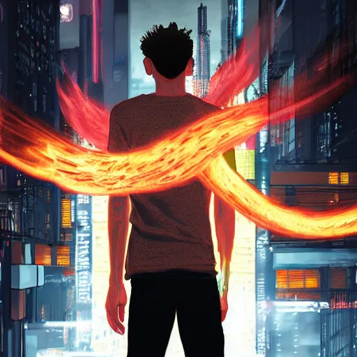 Prompt: young man from behind with flames coming out of hands flying in a cyberpunk city, very detailed, realistic, symmetrical face, art by digital painting,